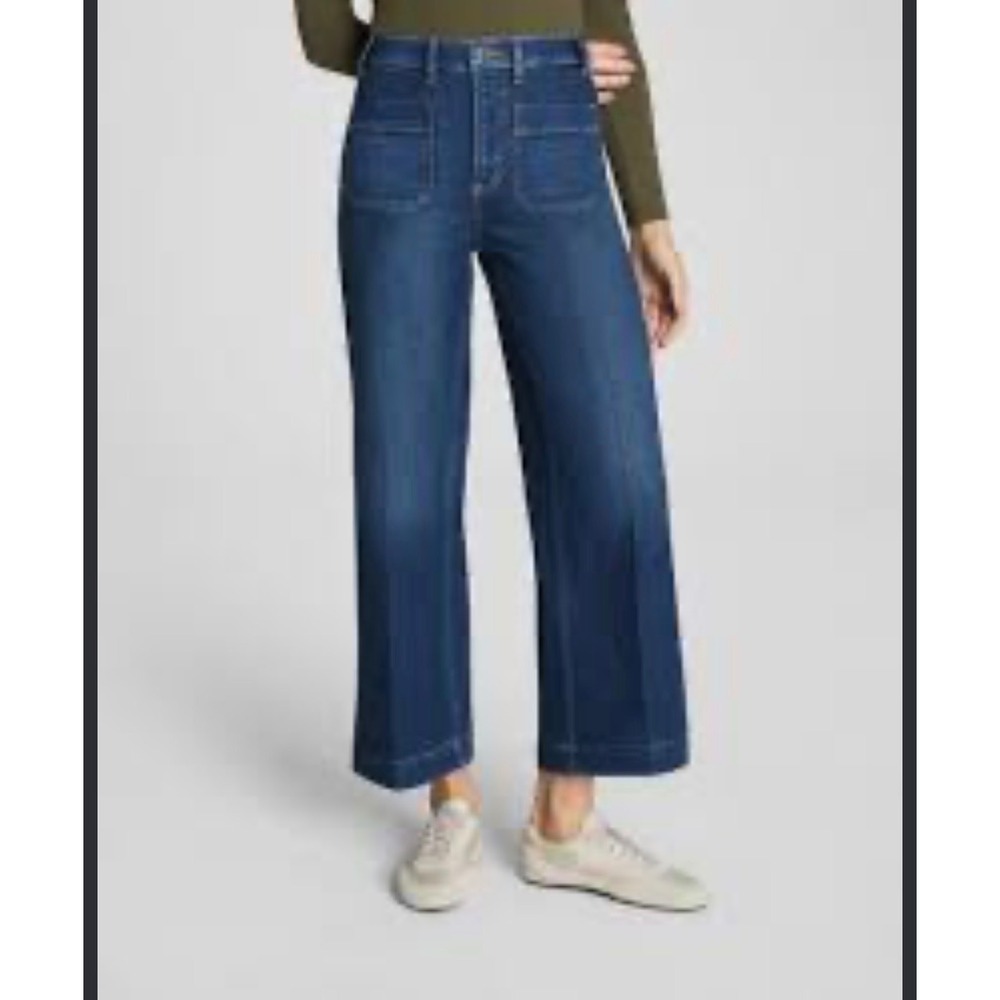 Spanx Womens XL Wide Leg Cropped Jeans Medium Wash Pull On Stretch Denim